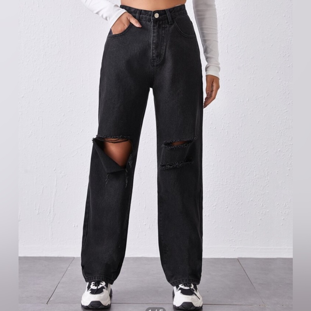 Shein Mom fit High-Waisted Ripped Baggy Jeans size S Black